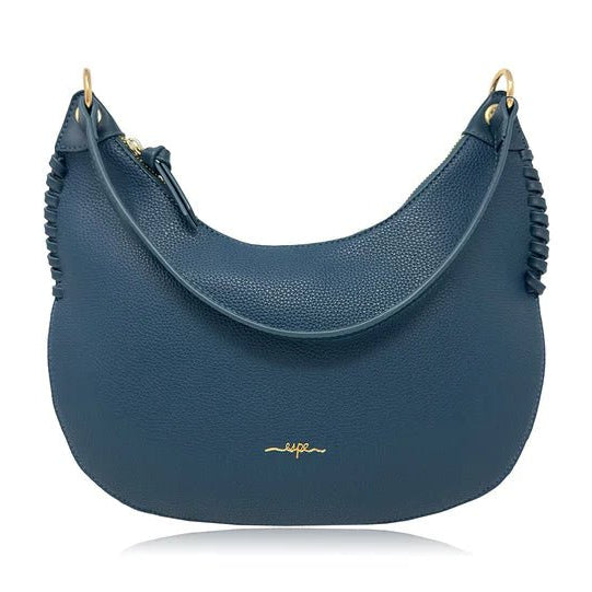 Blue handbag with gold accents on a white background - okotoks hc pharmacy