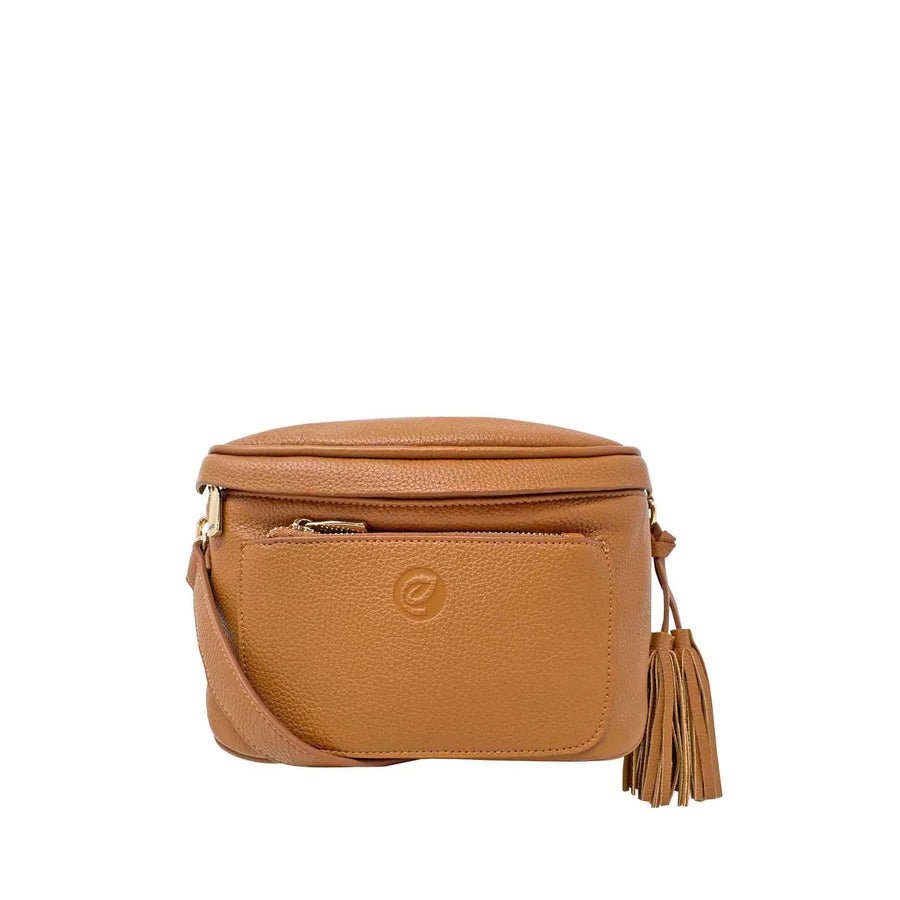 Brown crossbody bag with a tassel on a white background - okotoks hc pharmacy