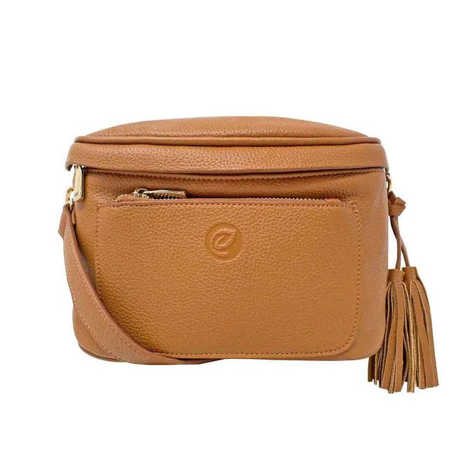 Brown crossbody bag with a tassel on a white background - okotoks hc pharmacy