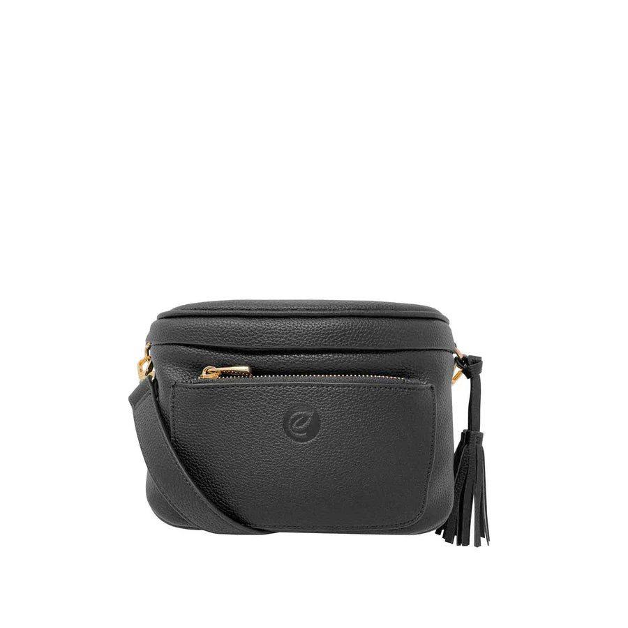 Black crossbody bag with a tassel on a white background - okotoks hc pharmacy