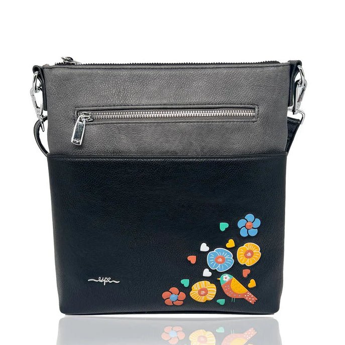 Black crossbody bag with floral and bird design on a white background - okotoks hc pharmacy