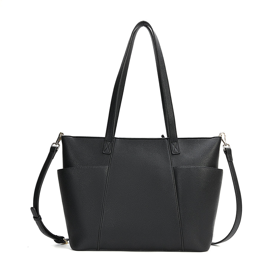 Black leather handbag with shoulder strap on a white background - okotoks hc pharmacy