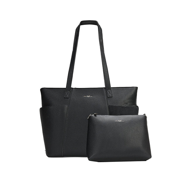 Two black handbags, a larger tote and a smaller pouch, on a white background. - okotoks hc pharmacy