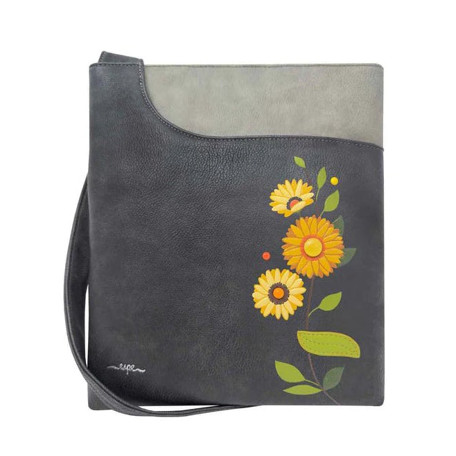 Gray crossbody bag with yellow floral design on a white background - okotoks hc pharmacy