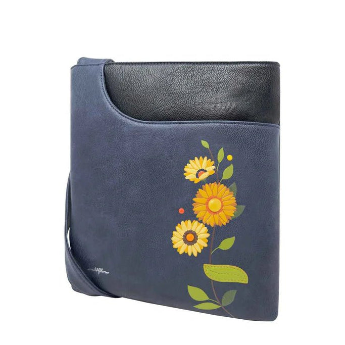 Blue handbag with floral design on a white background - okotoks hc pharmacy