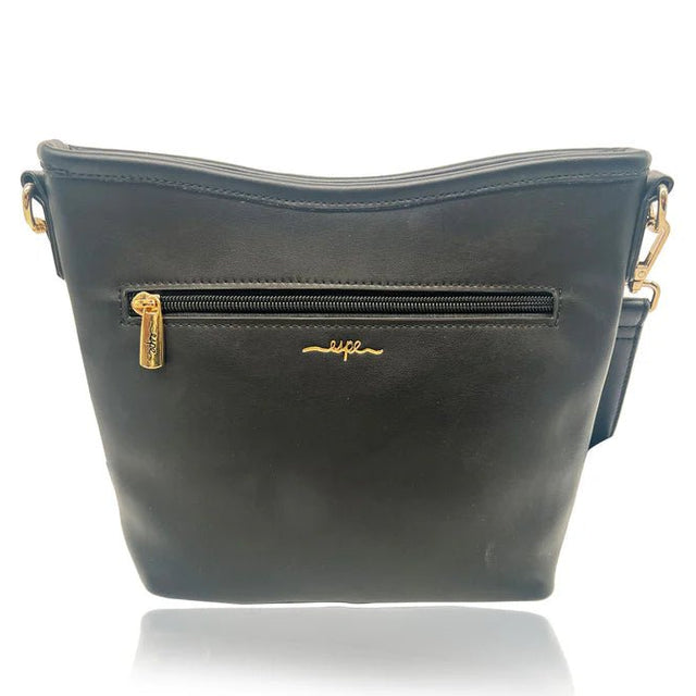 Black handbag with gold zipper and brand logo on a white background - okotoks hc pharmacy