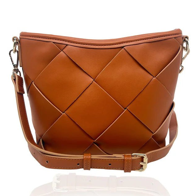 Brown woven handbag with a reflective surface on a white background - okotoks hc pharmacy