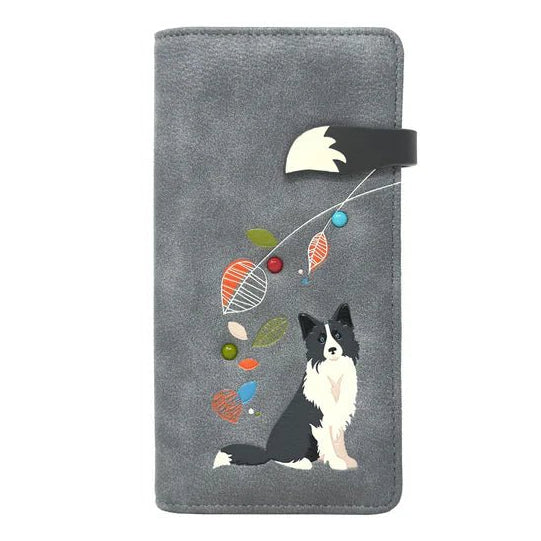 Gray wallet with a dog illustration and colorful elements on a white background - okotoks hc pharmacy