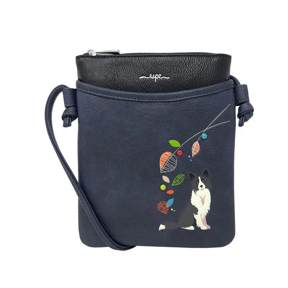 Blue crossbody bag with dog and balloon design on a white background - okotoks hc pharmacy