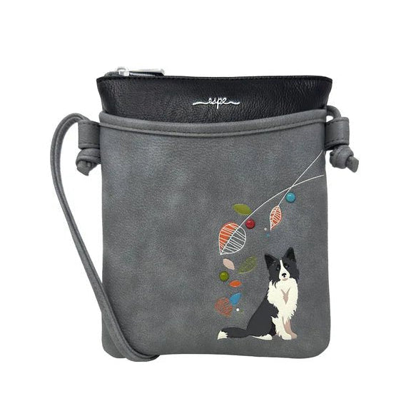 Gray pouch with a dog design and colorful elements on a white background - okotoks hc pharmacy