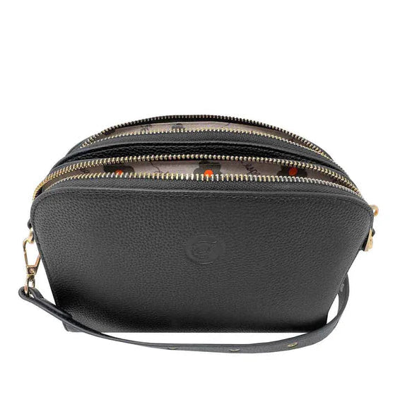 Black crossbody bag with gold zipper on a white background - okotoks hc pharmacy