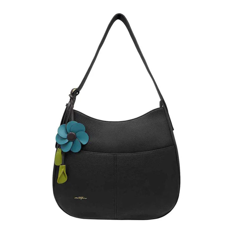 Black handbag with a blue flower accessory on a white background - okotoks hc pharmacy