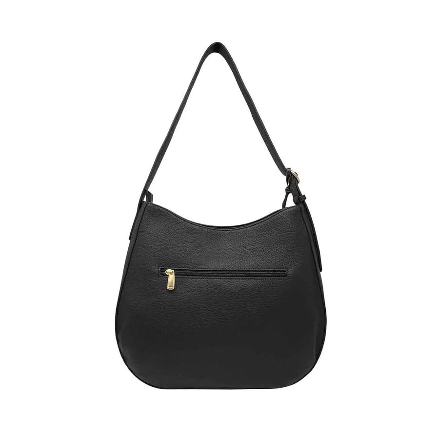 Black shoulder bag with a gold zipper on a white background - okotoks hc pharmacy