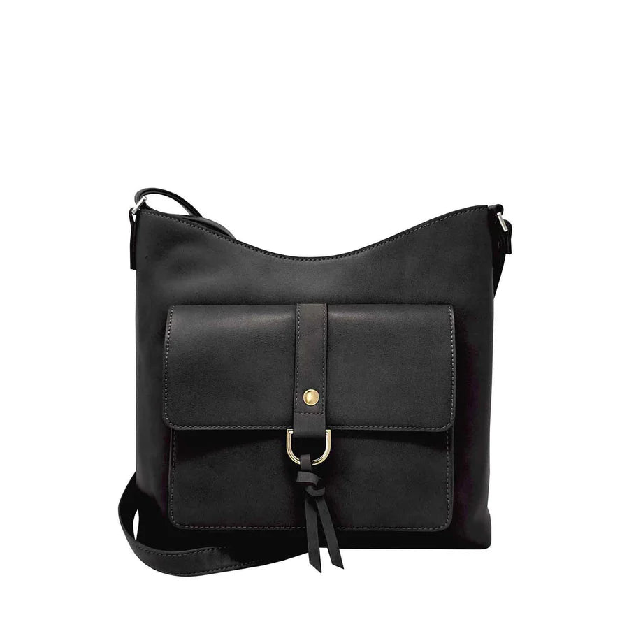 Black bag with a flap closure on a white background - okotoks hc pharmacy