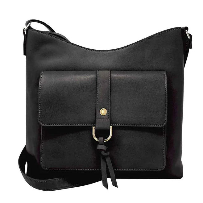 Black bag with a flap closure on a white background - okotoks hc pharmacy