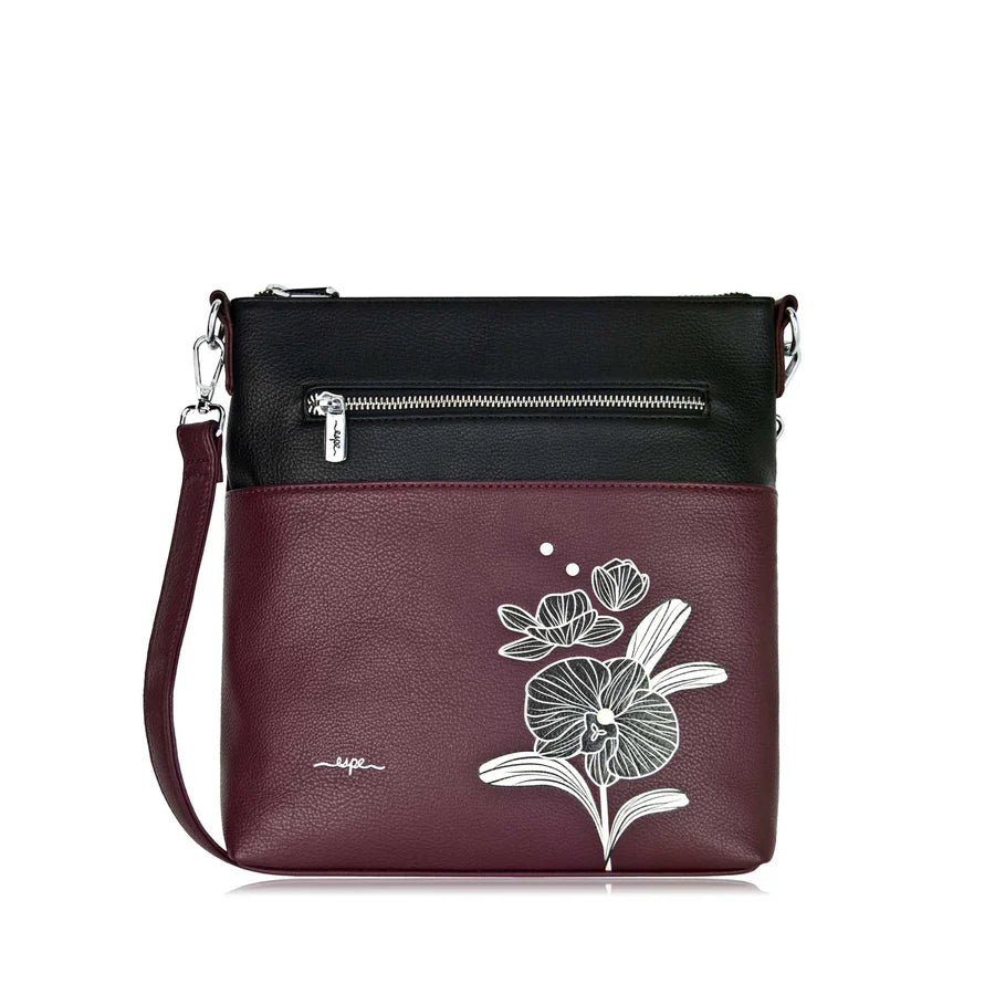 wine handbag with floral design and black top section on a white background - okotoks hc pharmacy