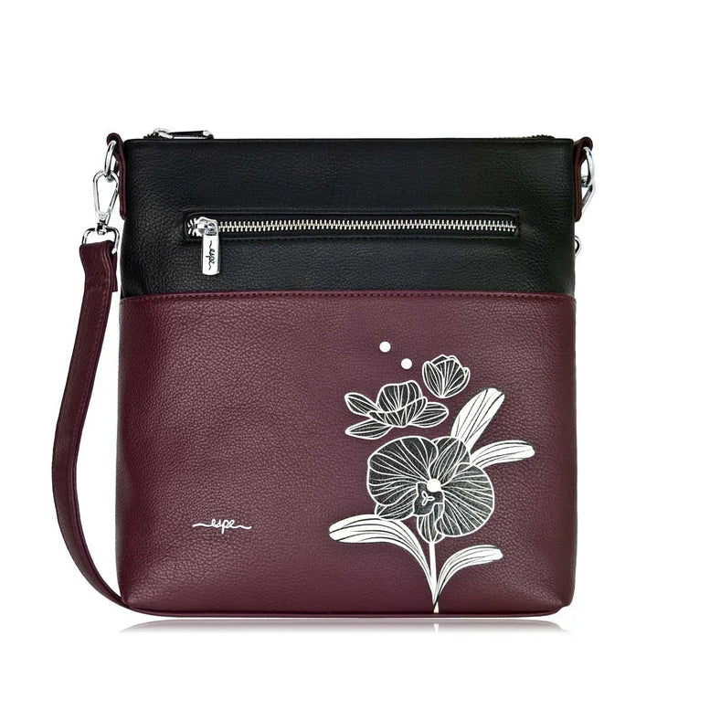 wine handbag with floral design and black top section on a white background - okotoks hc pharmacy