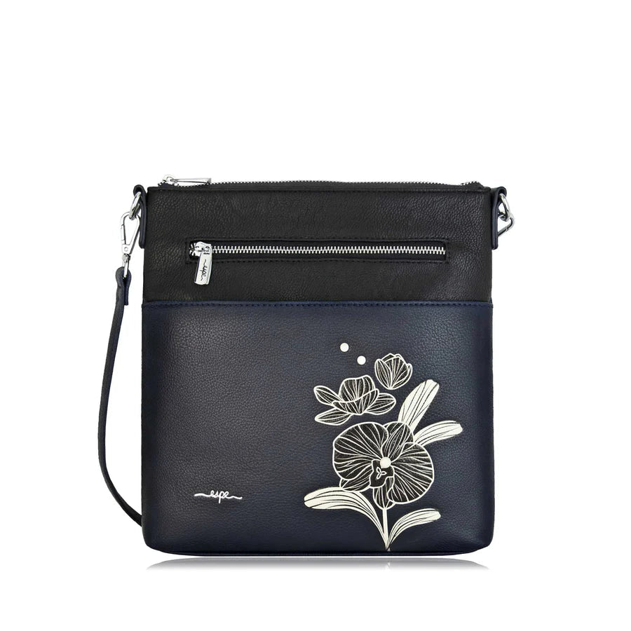 navy blue crossbody bag with floral design on a white background - okotoks hc pharmacy
