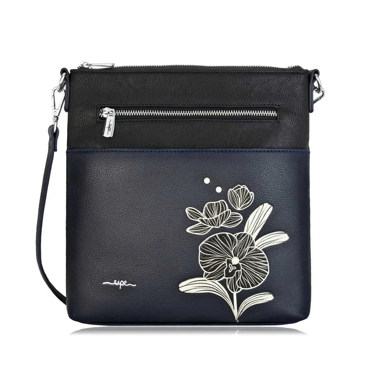 navy blue crossbody bag with floral design on a white background - okotoks hc pharmacy