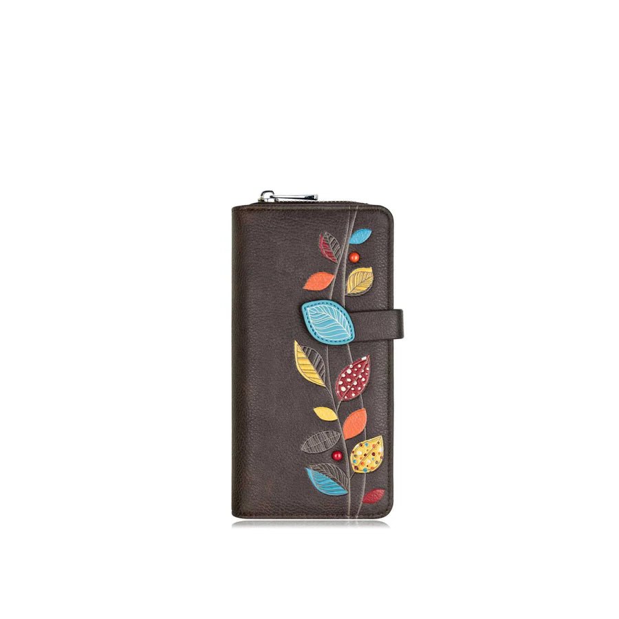 Brown wallet with colorful leaf designs on a white background - okotoks hc pharmacy
