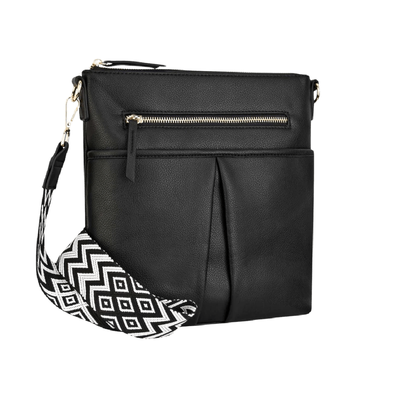 Black handbag with a patterned strap on a white background - okotoks hc pharmacy