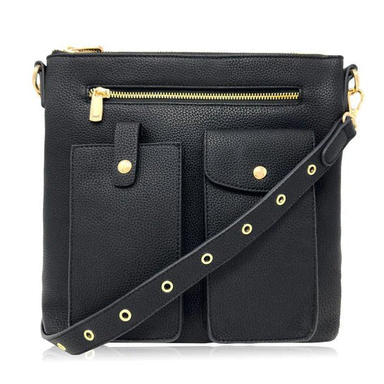 Black handbag with gold accents on a white background - okotoks hc pharmacy