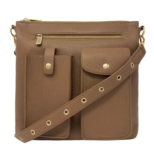 Brown crossbody bag with gold accents on a white background - okotoks hc pharmacy