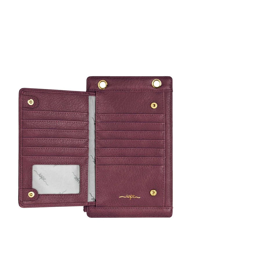 Open maroon wallet with gold accents on a white background - okotoks hc pharmacy