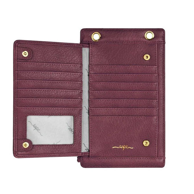 Open maroon wallet with gold accents on a white background - okotoks hc pharmacy