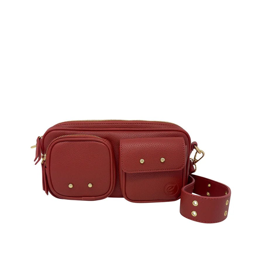 Red crossbody bag with gold accents on a white background - okotoks hc pharmacy