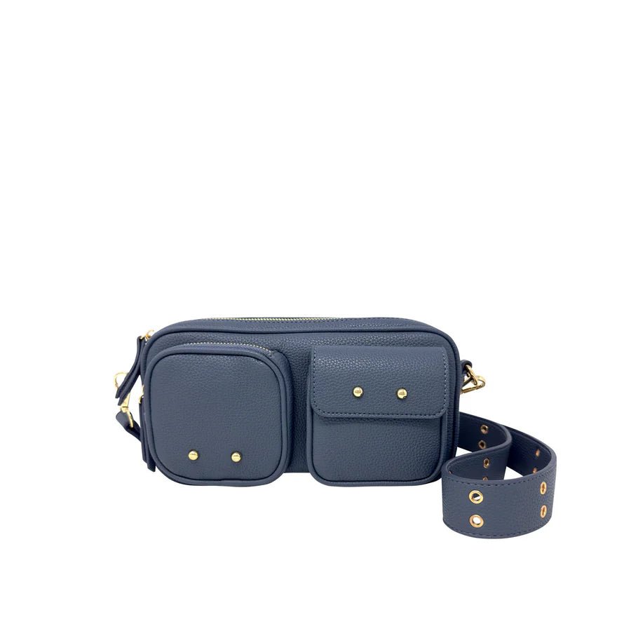 Blue crossbody bag with gold accents on a white background - okotoks hc pharmacy