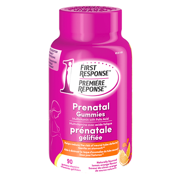Pink bottle of First Response Prenatal Gummies on a white background - okotoks hc pharmacy