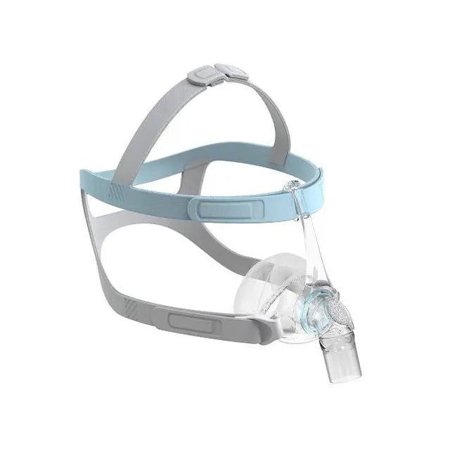 CPAP mask with gray headgear and clear facepiece on a white background - okotoks hc pharmacy