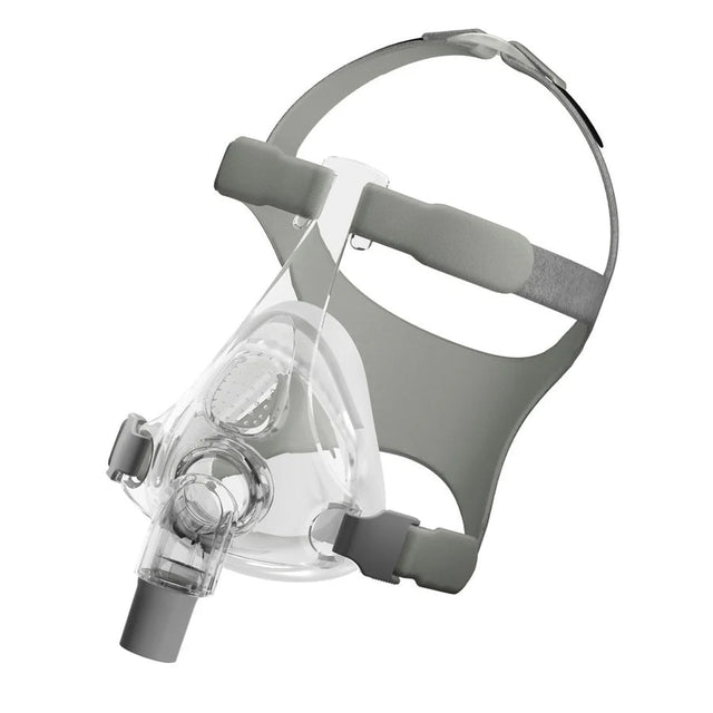 CPAP mask with clear facepiece and gray headgear on a white background - okotoks hc pharmacy