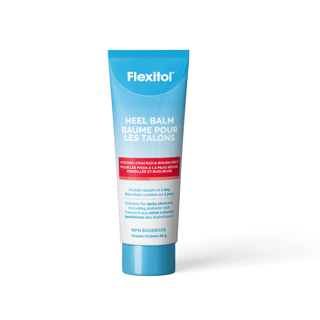 Flexitol Heel Balm tube on a black background - okotoks hc pharmacy