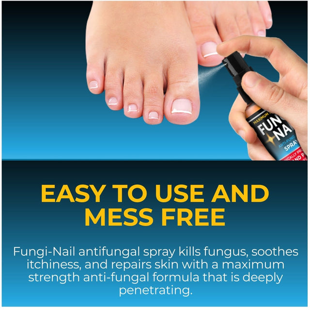 Fungi-Nail antifungal spray being applied to a foot with text highlighting ease of use and mess-free application. - okotoks hc pharmacy