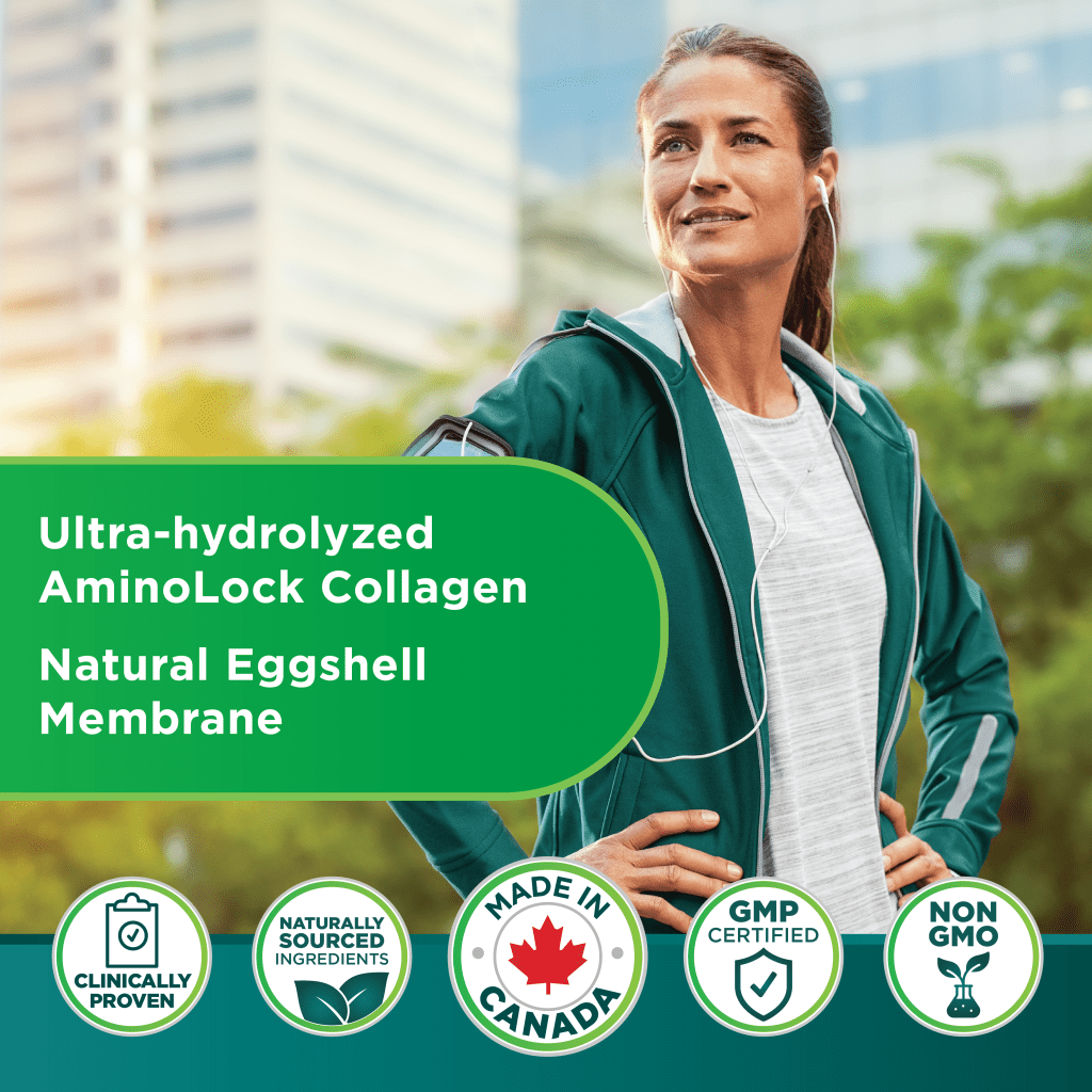 Woman outdoors with promotional text about Ultra-hydrolyzed AminoLock Collagen and certification logos. - okotoks hc pharmacy