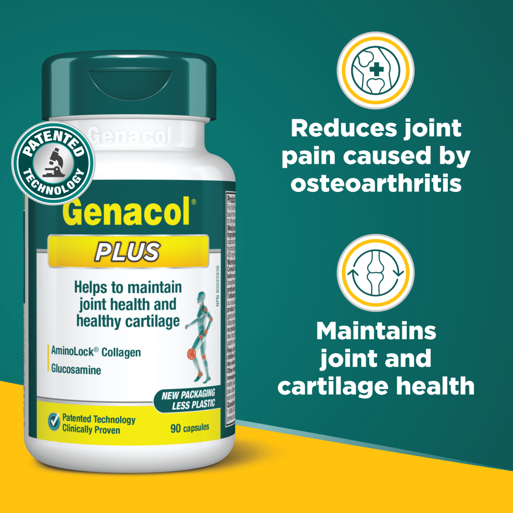 Genacol Plus supplement bottle with health benefits on a green and yellow background - okotoks hc pharmacy