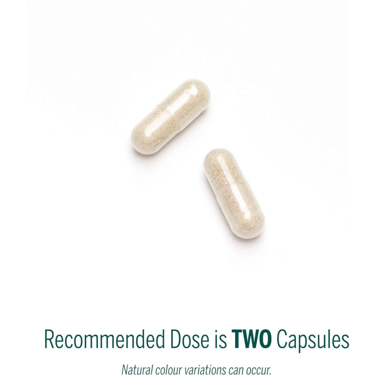 Two capsules on a white background with text indicating the recommended dose. - okotoks hc pharmacy