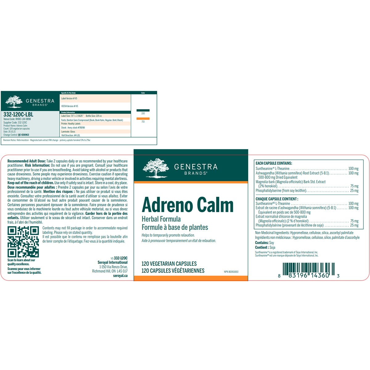 Label for Adreno Calm herbal formula by Genestra Brands on a white background - okotoks hc pharmacy
