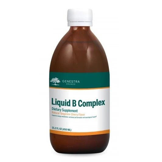 Brown bottle of Genestra Liquid B Complex dietary supplement on a white background - okotoks hc pharmacy