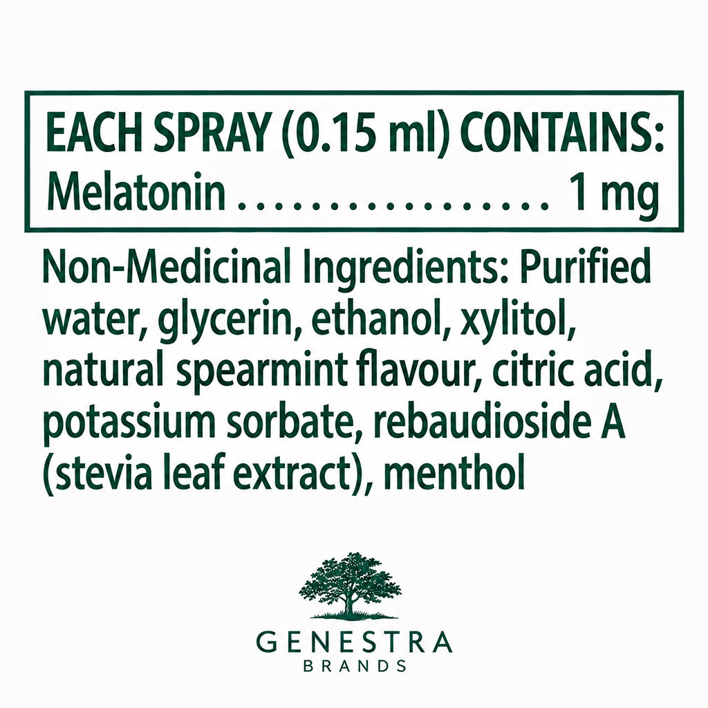 Product label for a spray containing Melatonin with a list of ingredients. - okotoks hc pharmacy