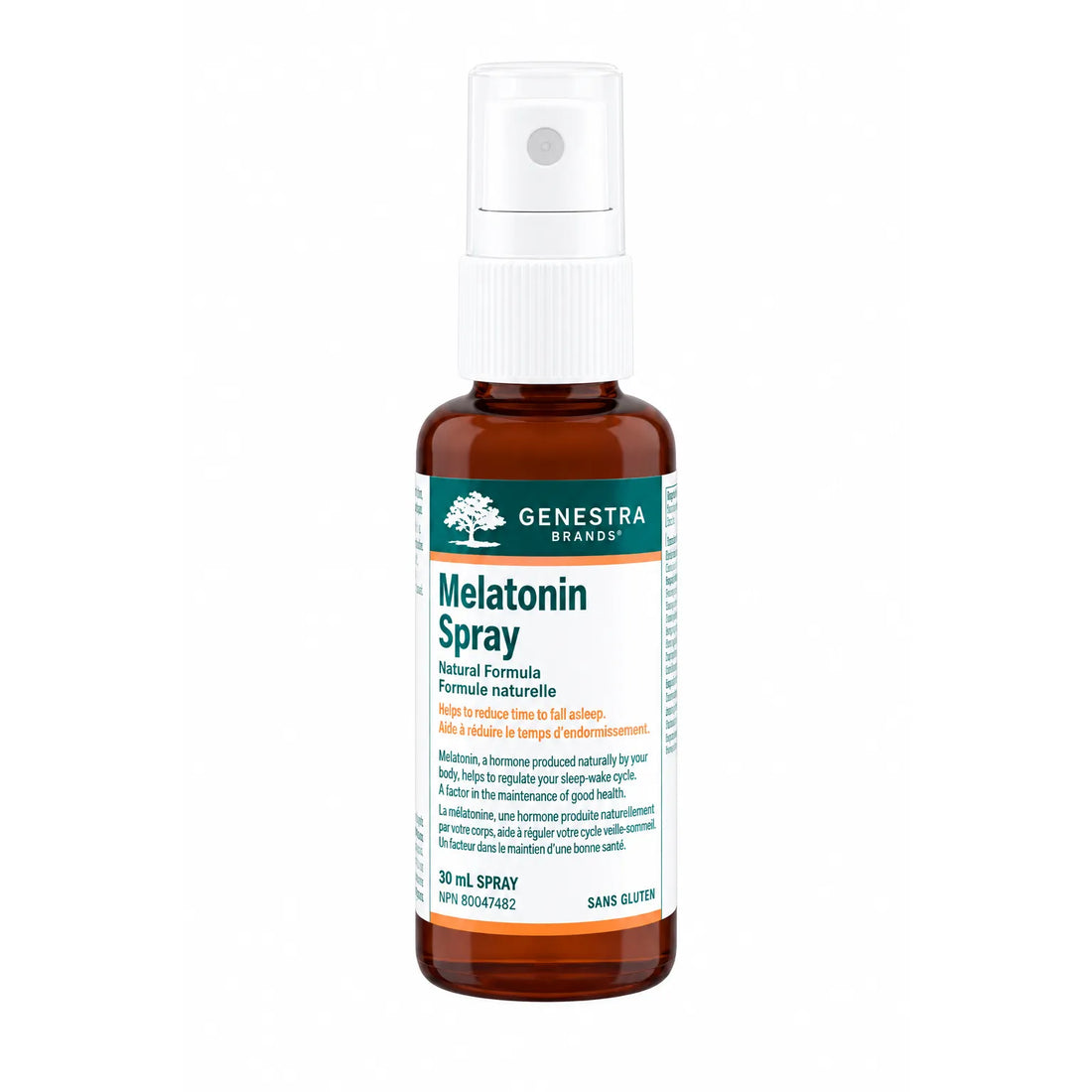 Bottle of Genestra Melatonin spray on a white background - okotoks hc pharmacy