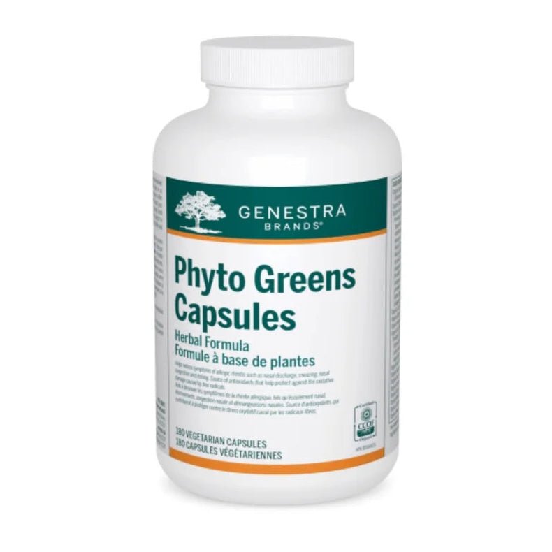 Bottle of Genestra Phyto Greens Capsules on a white background - okotoks hc pharmacy