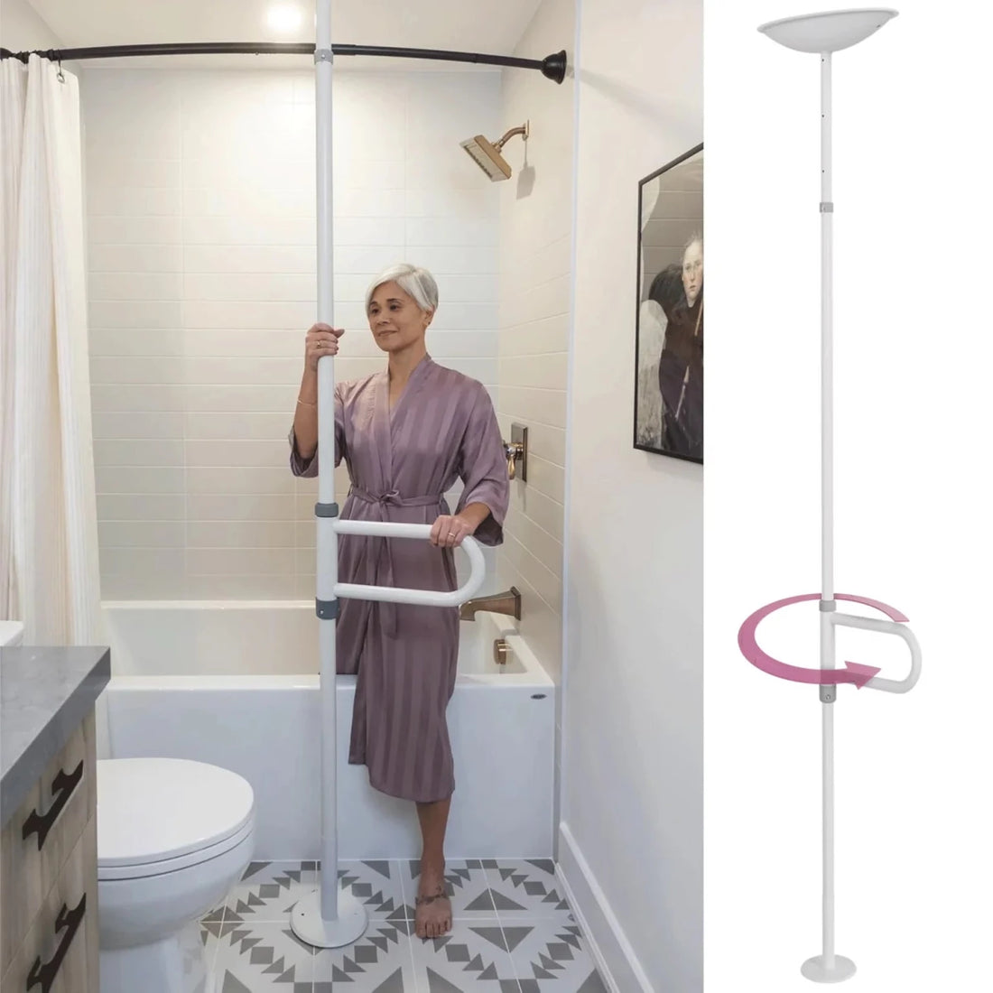 Woman in a bathroom using a grab bar for support, with a close-up of the grab bar on the right. - okotoks hc pharmacy