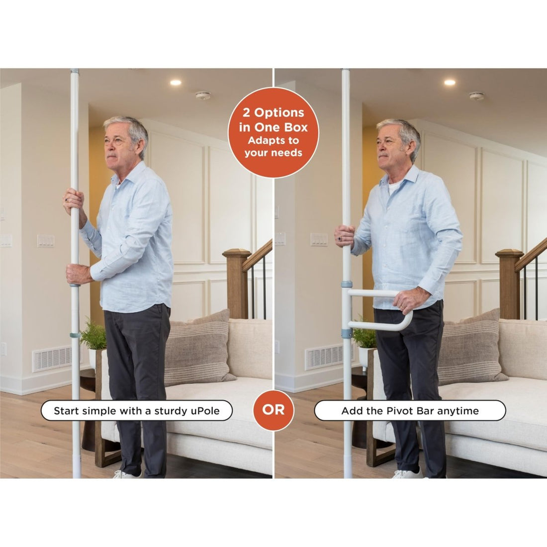Man using a walking aid with text indicating two options for adaptability. - okotoks hc pharmacy