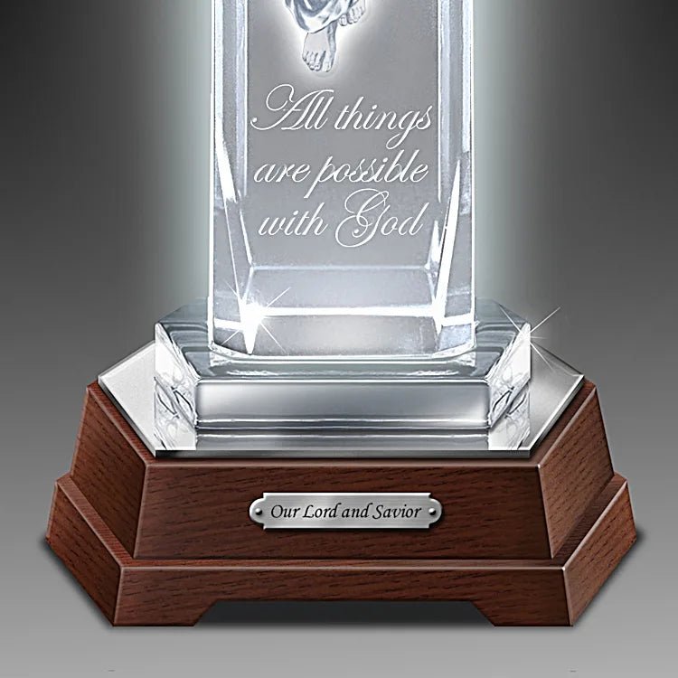 Decorative glass plaque with wooden base and engraved text on a gray background - okotoks hc pharmacy
