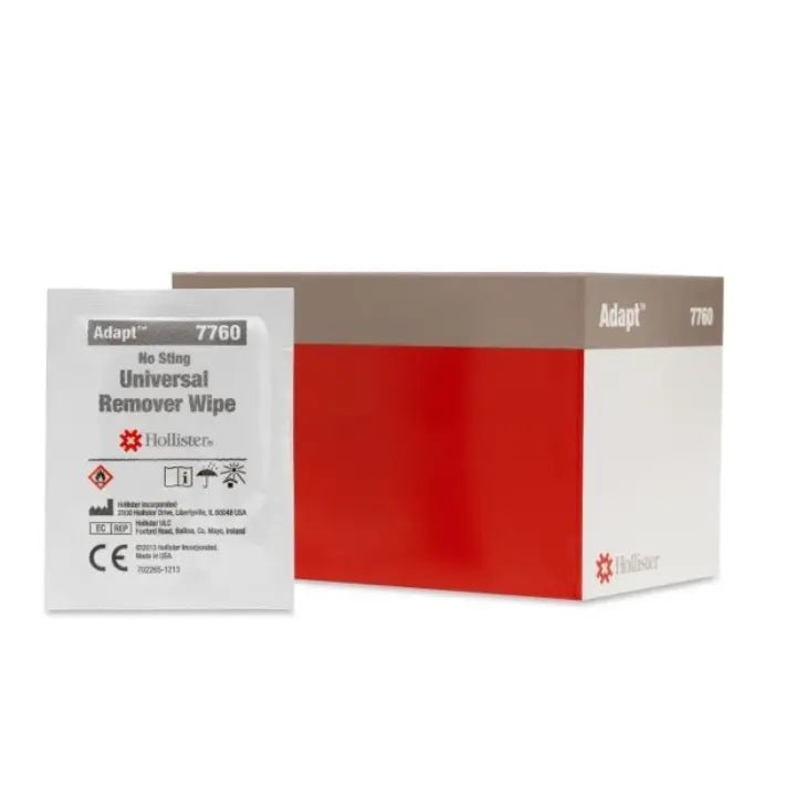 A box of Hollister Adapt 7760 Universal Remover Wipe cleaning wipes, with one individual wipe packet displayed in front of the packaging on a white background. - okotoks hc pharmacy