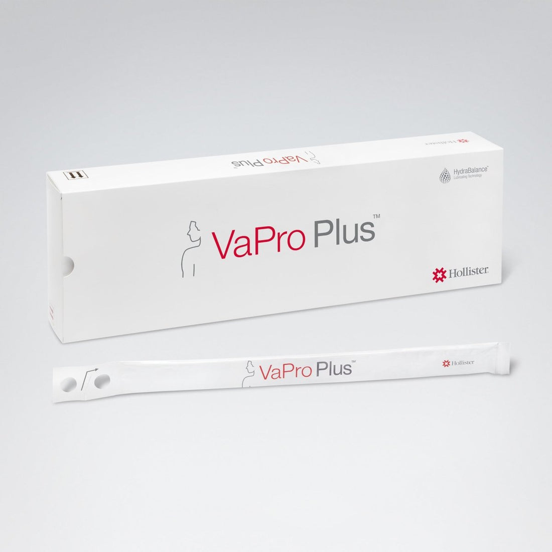 A white box and a single-use applicator stick for VaPro Plus, a Hollister incontinence product, shown on a light gray background. - okotoks hc pharmacy