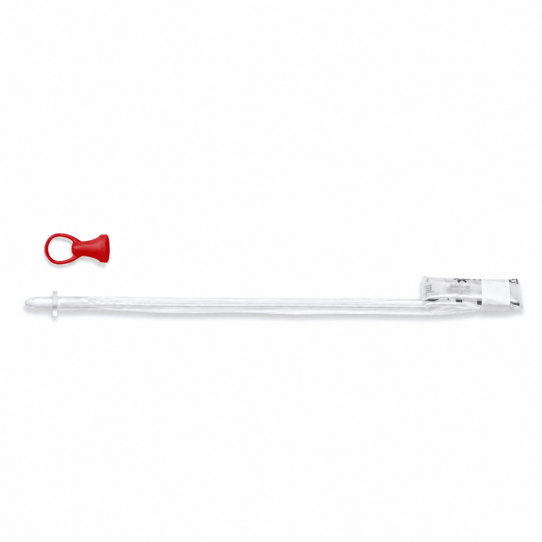 A clear plastic catheter with a red ring puller and a clear plastic tip, displayed horizontally on a solid white background. - okotoks hc pharmacy